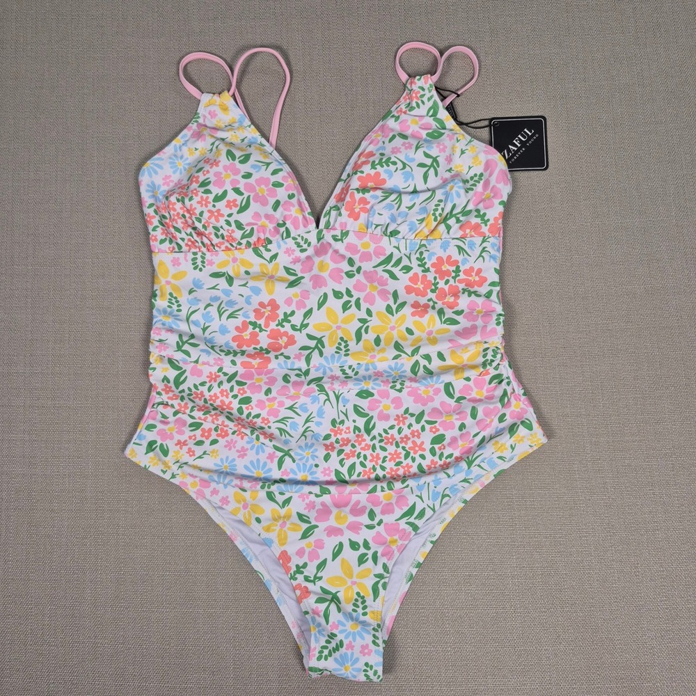 Zaful Floral One Piece Swimsuit Tummy Control Ruched Cutout Pink White Size L